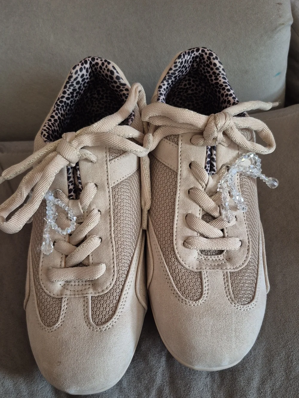 Women's Beige Lace-Up Sneakers with Crystal Accent